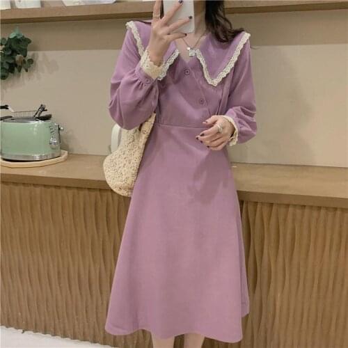 2021 slimming dress ladies solid color doll collar regular sleeve mid-length dress ladies spring and autumn models
