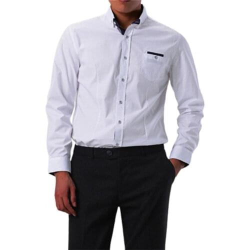 Male Dress Shirt Long Sleeve Pocket Decor Business Shirt Breathable Solid Color Lapel Men Slim Shirt Workwear Wedding Party