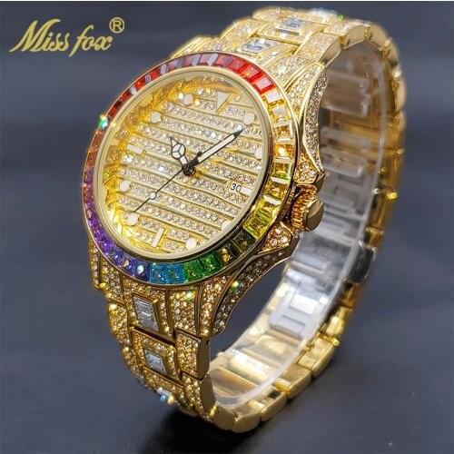 Relógio MISSFOX Iced Out Golden Watches For Men Rainbow Diamond Hip Hop Fashion Swiss Luxury Mens Automatic Calendar Watch Gift