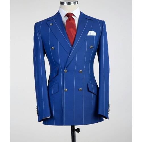 Blue Stripe Mens Tuxedos Peaked Lapel Groom Double Breasted Wedding Blazer Suits Formal Prom Party Pants Coat(Jacket+Pant)