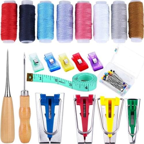 LMDZ 4Size Fabric Bias Tape Makers Kit Bias Binding Maker with 5Colors Sewing Thread Awl Binding Foot Tools Kit for DIY Quilting