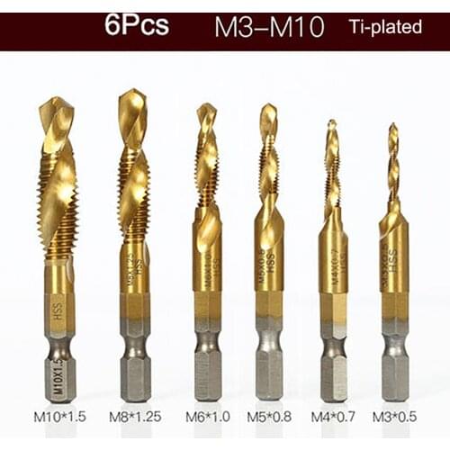 6Pcs/Set 1/4" Hex Shank Drill Bit Screw Taps Kit M3-M10 HSS Composite Tap Drills Spiral Thread Plug Taps Machine Tools Parts