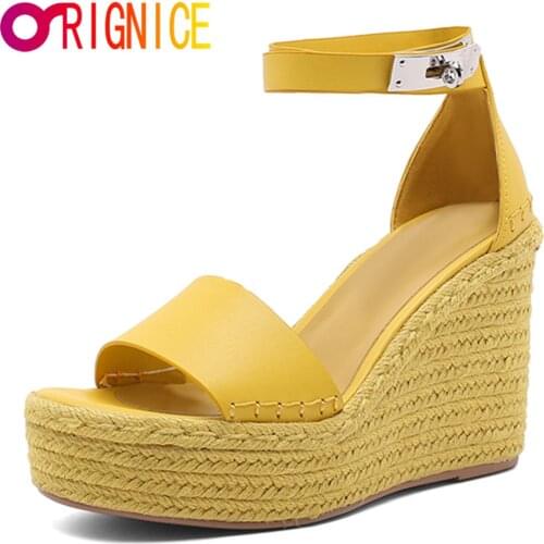 Orignice Platform Woven Wedge Women Sandals Summer New Peep Toes Roman Genuine Leather Buckle Ankle Strap Party Dress Shoes