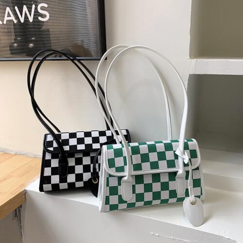 2021 Autumn New Checkerboard Plaid Shoulder Bag Simple Womens Underarm Bag Black White Green Grid Purse Handbags Female Bag