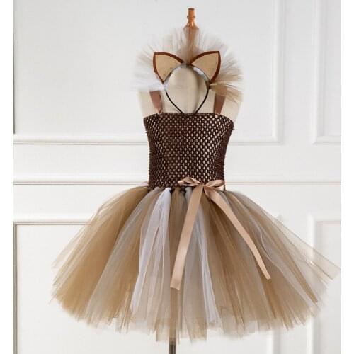 Girl Brown Lion Tutu Dress Baby Girls Birthday Party Dress with Headband Kids Halloween Performance Animal Cosplay Costumes