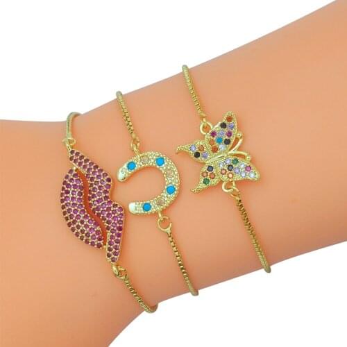 Zircon Love Lips Bracelet Adjustable Jewelry 24k Gold Blue Horn pulsera mujer CZ Rainbow Butterfly Bow Knot Bracelet for Women
