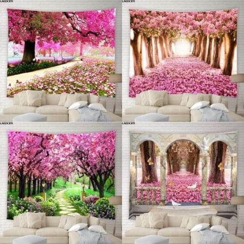 Pink Flower Scenery Tapestry Romance Cherry Blossom Trees Natural Landscape Bohemian Aesthetics Wall Hanging Bedroom Home Decor
