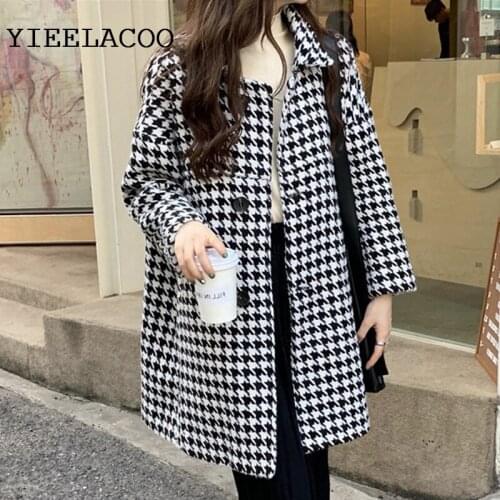 Woolen Coat Black / white Plaid Womens Thousand Birds Mid-length Autumn/winter Womens Coat Loose Coat Fashion Womens Clothing