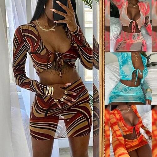 Tie Dye Sexy Dress Women Two Piece Set Club Outfits Mesh Low-Neck Bandage Sling Crop Top Mini Skirts Bodycon Summer Dress Club