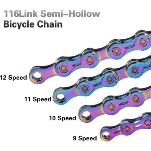 Ultralight Mountain Bike Chain 116 Link Semi-hollow Plated Rainbow MTB Road Bike Chain 9 10 11 12 Speed Bicycle Chain for SRAM