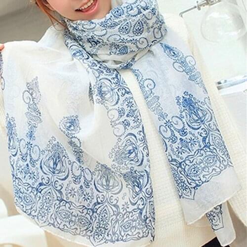 High Quality Blue And White Porcelain Scarf Silk Scarf Cape Chiffon For Women Flower Scarves Shawl Wholesale