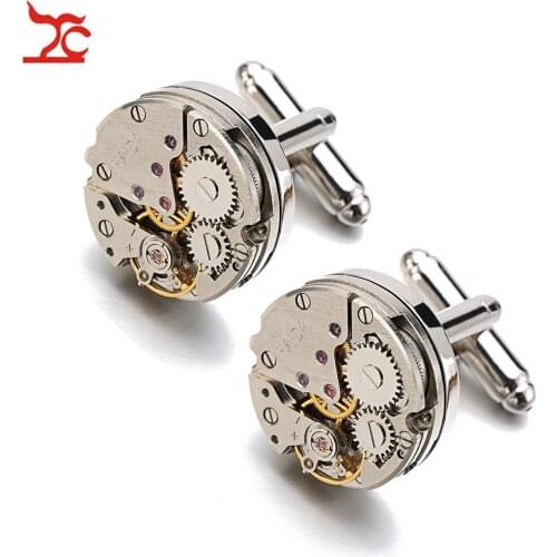 Trendy Watch Movement Cufflinks Round Metal Immovable Steapmpunk Gear Watch Mechanism Cuff Lkinks For Mens Relojes Gemelos