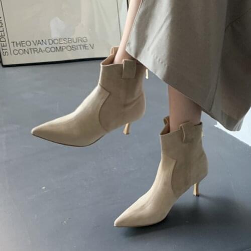 Woman Boots Winter 2020 Sexy Beige Rubber 6CM/8CM Zipper Pointed Stiletto High Heels Ankle Boots for Women Size 33-42
