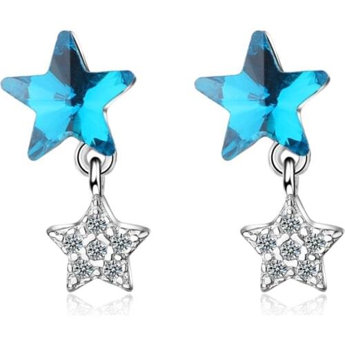 KOFSAC Trendy 925 Silver Stud Earrings For Women Engagement Charm Crystal Blue Double Star Earring Jewelry Female Birthday Gifts