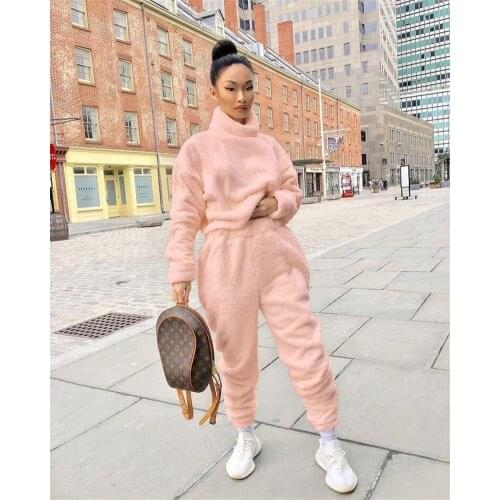 Women Two Piece Outfits Loose Casual Winter Plush Solid Color Turtleneck Sweater High Waist Elastic Waist Trousers Clothes Set