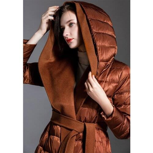 Down jacket women 2019 new white duck down thickened warm medium long knee length hooded womens down jacket trend