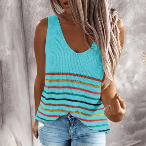 Womens Sweater Knitted Vest T-shirt Summer Cool Multicolor Striped V-neck Top Tanks Sexy Sleeveless Breathable T-shirt
