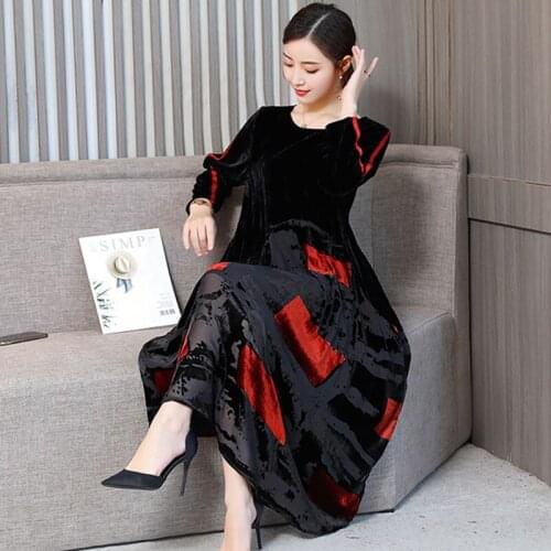 Big Size New Chinese Style Women Winter Dresses Robe Velvet Black Patchwork Elegant Autumn Loose Print Silhouette Bottom Dress