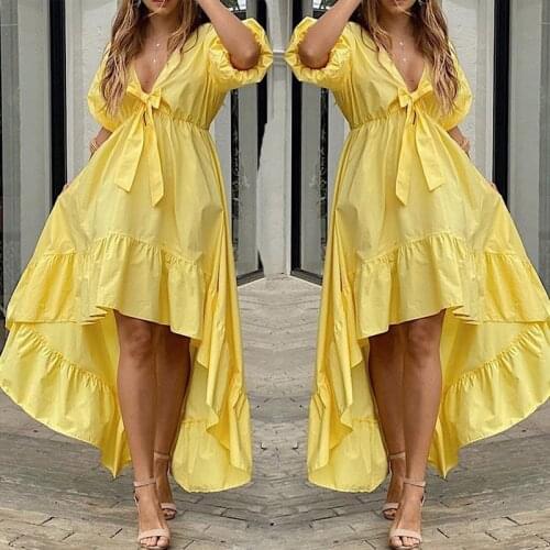 Summer Womens Dress 2021 V Neck Bow Elegant Cupcake Dress Irregual Party dresses Summer long Bodycon Dress Midi Dresses