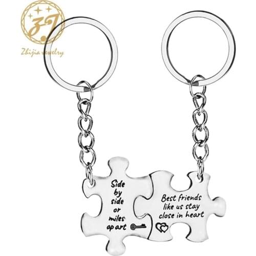 Zhijia jewelry Hot Sell Stainless Steel Best Friend Carved Puzzle Keychains for Couple 2Pcs Perfect Gift For friendship