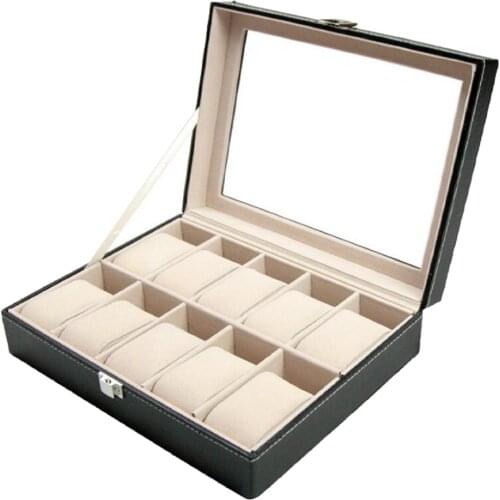 10 Slots Watch Box Wooden Watch Display Case Storage Organizer Glass Top