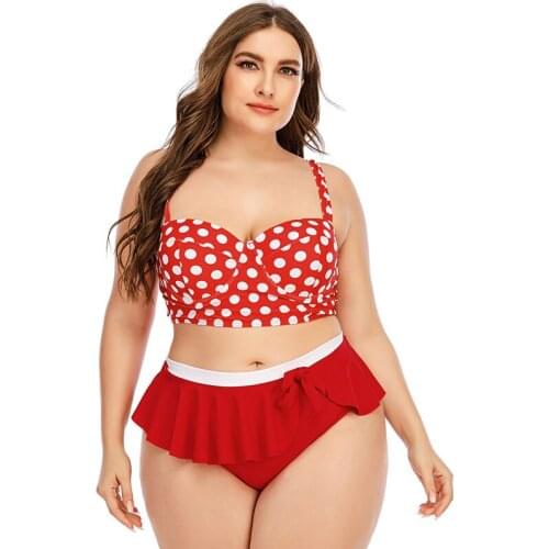 2021 Women High Waist Swimsuit Large Size Bathing Suit Push Up Bikinis Set Dot Ruffle Plus Size Swimwear Stroj Kapielowy Damski