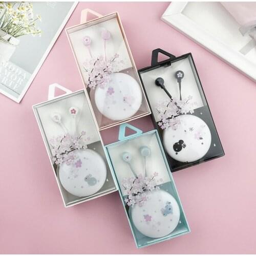 3.5mm In-ear wired mobile phone headset cute print with storage box boutique student cartoon universal small headset