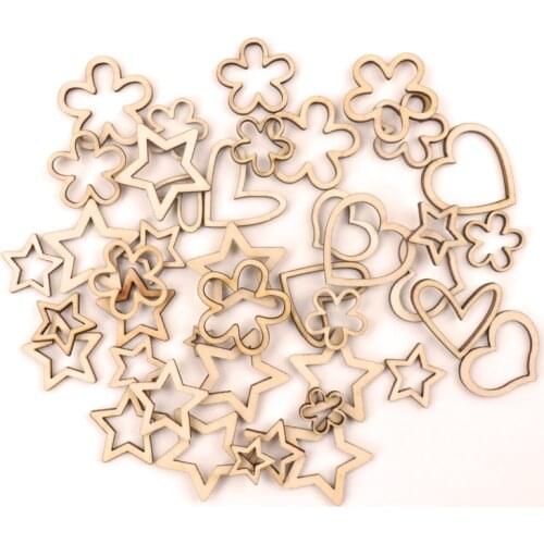 Natural Wooden Hollow Flower Star Heart Handmade Wooden Crafts Accessory Home Decoration Scrapbookings DIY 10-30mm 50pcs MZ313