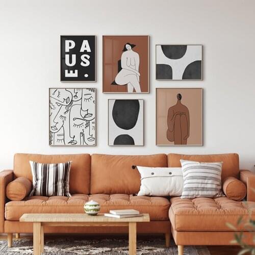 Nordic abstract art black and white line figures orange art poster living room decoration painting canvas mural picture printing