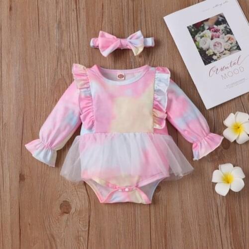 Infant Girl Tie Dye Bodysuits Newborn Baby Girls Tie Dye Playsuit Set Spring Fashion Casual Gradation Jumpsuit + Headband 2Pcs