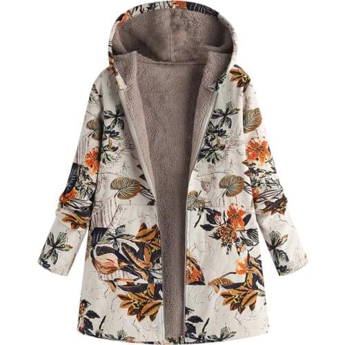 Floral Print Hooded Jackets Women Winter Coat Loose Outwear Casual Female Vintage Warm Pockets Thick Plus Size Coats Куртка #F