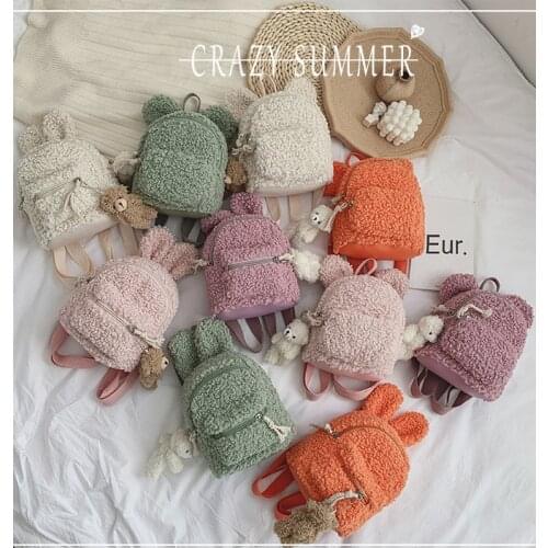 Kid Backpack / Cartoon Pendent Student Schoolbag Plush Bag Kindergarten School Shoulder Bag Wide Straps Zipper Rabbit Ears