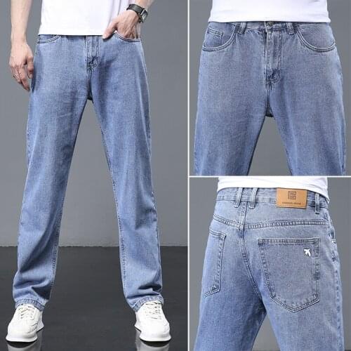 2021 New Classic Style Mens Straight-leg Jeans Business Casual Stretch Loose Fit Denim Pants Light Blue Trousers Male Brand