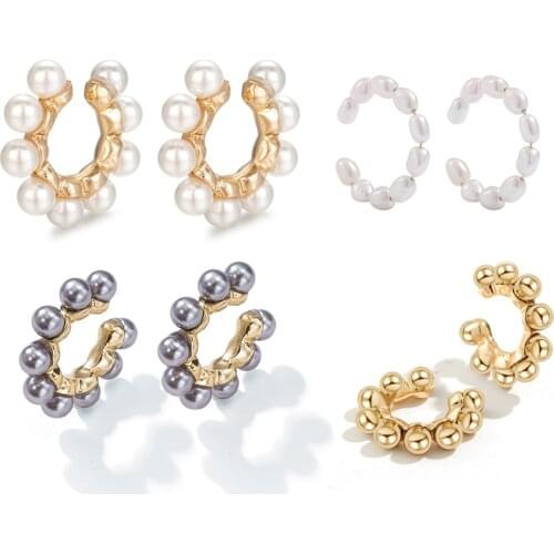 Elegant Pearls Ear Cuff for Women Trendy White Black Circle Earclips Female Stackable Cuff Earrings Without Puncture Bijoux