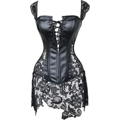 European PU Leather Bra Bodyshape Corset Dress Bunching Sexy Costumes Lace hollow Black Red Zentai Closely Plus Size S-6XL