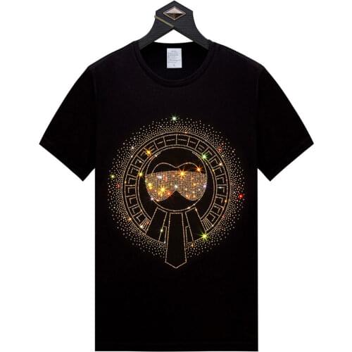 Plus Szie Round Collar Short Sleeve T Shirt European Cartoon Sunglasses Mens Shiny T-shirt Male Hot Drilling Flash Summer Tops