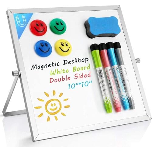 Small Dry Erase White Board- Magnetic Desktop Whiteboard 10"X10" with Stand, 4 Markers, 4 Magnets & Eraser- Portable Double-Side