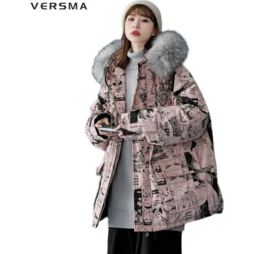 VERSMA Korean Harajuku Retro Maple Leaf Printed Fur Collar Male Jacket Coat Parka Winter Hip Hop Oversized Thick Warm Men Parkas