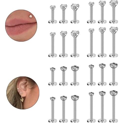 AOEDEJ 3Pcs/lot Stainless Steel 16G Labret Lip Piercing for Woman Crystal Zircon Round Cartilage Earring Tragus helix Piercing