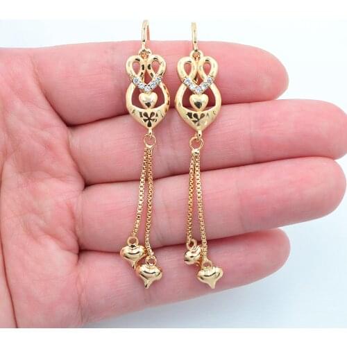 Gold Color Women Clear CZ Laser Stamped Romantic Love Heart Tassel Dangle Earrings Jewelry