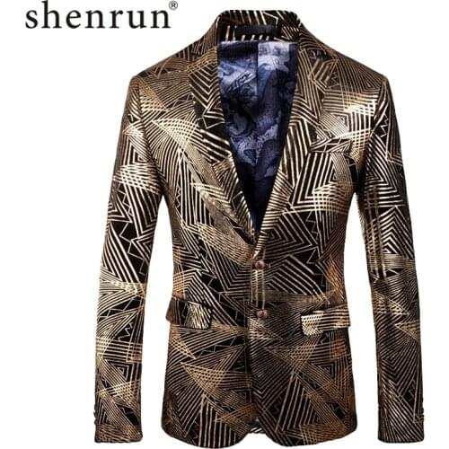 Shenrun Men Blazer Autumn Winter New Fashion Gold Print Jacket Slim Fit Casual Blazers Stage Costumes Singer Host Suit Jackets