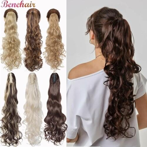 Benehair 24inch Long Wavy Claw On Ponytail Black Brown Ombre Ponytail Synthetic Deep Wave Hairpiece Clip In Extensions For Women