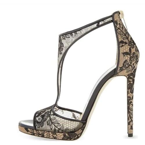 Stylish Black Lace Mesh T Strap High Heel Shoes High Platform Back Zipper Dress Shoes Cut-out Summer Dress Shoes