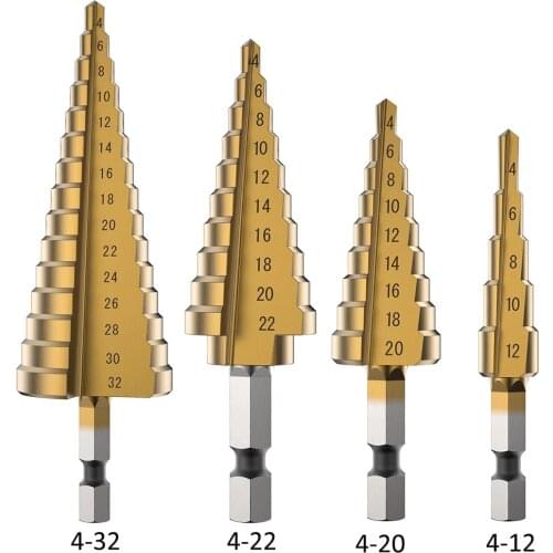 HSS Step Drill Bit Set Cone Hole Cutter Taper Metric 4 - 12 / 20 / 32mm 1 / 4 " Titanium Coated Metal Hex Core Drill Bits