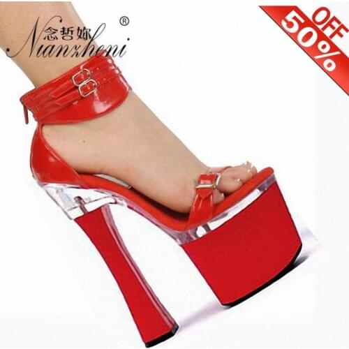 Sexy Fetish Belt Buckle Zipper Summer Open Toe 18cm High heeled shoes 7 inches Models Party Dress Womens sandals Stage Novelty