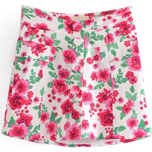 YENKYE Sweet Flower Print Mini Skirt Elegant Women Button High Waist Office Suits Skirt Mujer Summer Jupe