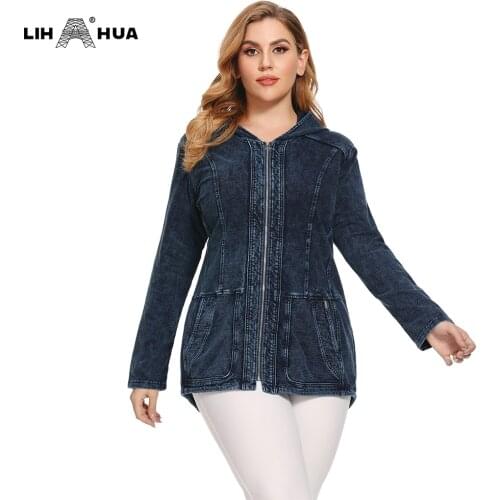 LIH HUA Womens Plus Size Autumn Casual Denim Jacket High Flexibility Hoodie Cotton Knitted Denim Jacket