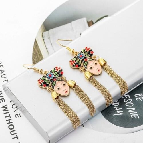 Origin Summer Statement Cartoon Beijing Opera Face Dangle Earrings for Women Ladies Long Chain Tassel Earrings Accessories