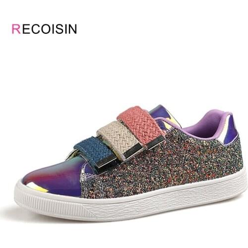 RECOISIN Fashion 2020 New Sneakers Women Casual Vulcanized Flats Shoes Woman Gold Glitter Ladies Flat Shoes Zapatos Mujer