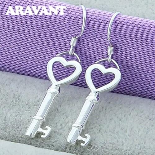 New Fashion 925 Silver Jewelry Love Heart Keys Drop Earrings For Women ValentineS Day Jewelry Gifts
